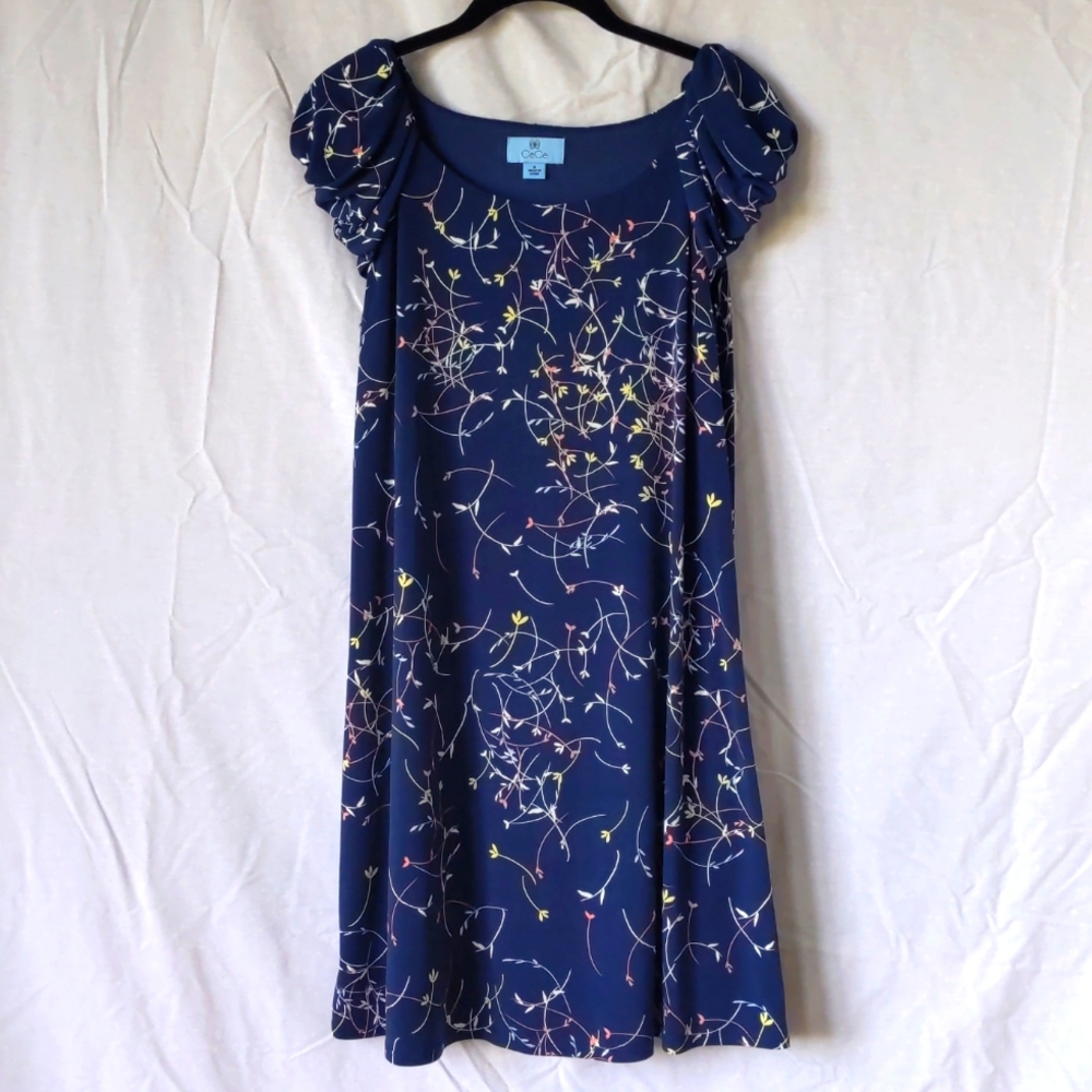 CeCe Navy Dress with Multi-color Leaves Design
